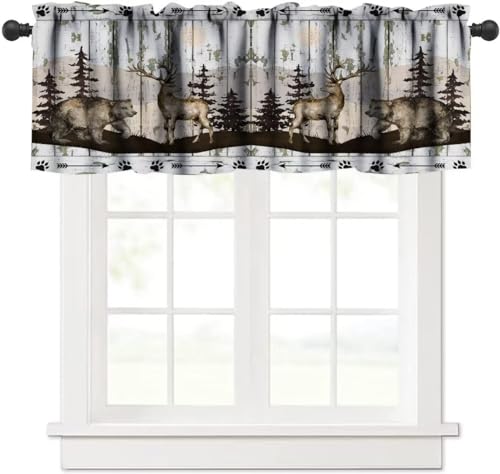 Rustic Farmhouse Valance, Retro Wooden Barn Door Cabin Wild Animals Bear Deer Vintage Farm Country Blackout Short Window Treatments for Kitchen Living Room Bedroom,54x18in - color: Bear-11