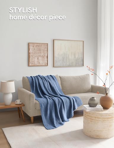 YnM Chunky Cotton Knit Throw Blanket, Cable Knit Throws for Bed Couch Sofa, Comfy & Relaxing, Decorative Piece for Farmhouse Modern Boho Rustic Scandinavian Chic Vibe, Denim Blue 60x80 Inches - color: Denim Blue - Medium Weight, size: Full / Queen