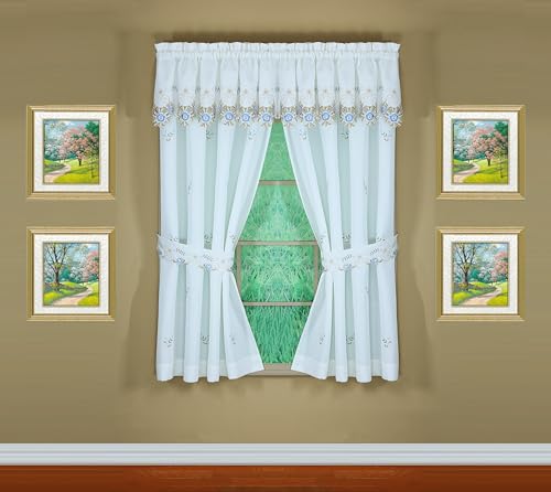 Today's Curtain Verona Reverse Embroidery Panel Pair and Tiebacks, 72", White/Blue, 80" W X 72" L - color: White/Blue, size: 80"W x 72"L (Pack of 1)