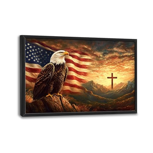 Trulave Large Bald Eagle American Flag Wall Art for Living Room 36''x24'' | Framed Christian Cross Canvas Wall Decor Eagle Picture Painting Modern Artwork for Bedroom Office - color: Bald Eagle, size: 36"L x 24"W