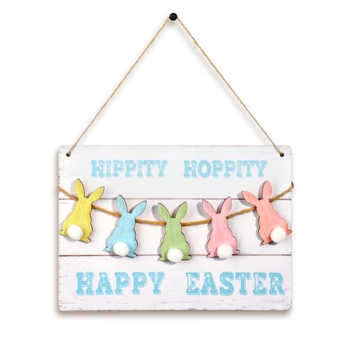 Easter Decorations, Multicolor Wooden Hanging Bunny Door Sign with Happy Easter Greeting, Rustic Vintage Farmhouse Style Wall Decor for Home, Spring Holiday Ornaments (Retro) - color: Retro