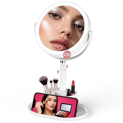 20X Magnifying Mirror with Lights and Storage, Double Sided Vanity Mirror - color: White