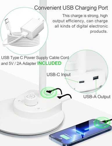 BOHON LED Desk Lamp with USB Charging Port, 3 Color Modes Dimmable, White - color: White