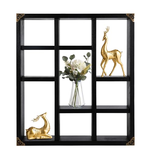 17.7x15.7-Inch Shadow Box Shelf 9-Slot Rustic Floating Shelves Larger Wall Mounted Shelf Lightweight Solid Wood Display Freestanding Farmhouse Shelf (Set of 2,9C-Classic Black) - color: 9c-classic Black, size: 2 PCS
