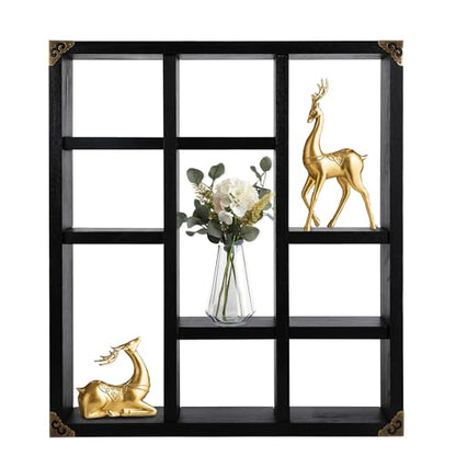 17.7x15.7-Inch Shadow Box Shelf 9-Slot Rustic Floating Shelves Larger Wall Mounted Shelf Lightweight Solid Wood Display Freestanding Farmhouse Shelf (Set of 2,9C-Classic Black) - color: 9c-classic Black, size: 2 PCS