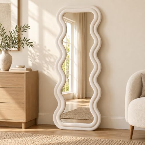 BOJOY Full Length Mirror 63"x24", Irregular Wavy Arched Floor Mirror, Standing Hanging or Leaning Wall Decor for Bedroom, Flannel Wrapped Wooden Frame, White - color: White