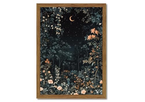 Vintage Dark Moon Botanical Wall Art William Morris Night Forest Wall Decor Paintings, 3D Texture Hand Drawn Sandstone Cottagecore Flower Artwork for Living Room Bedroom 24x16 inch Wood Framed - color: Moon B, size: 24"L x 16"W