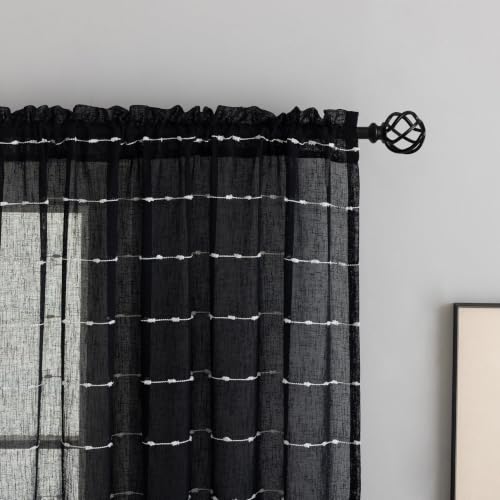 Black Sheer Curtains 63 Inch Faux Linen Boho Striped 2 Panels - color: Black, size: 52"W x 63"L (Pack of 2)