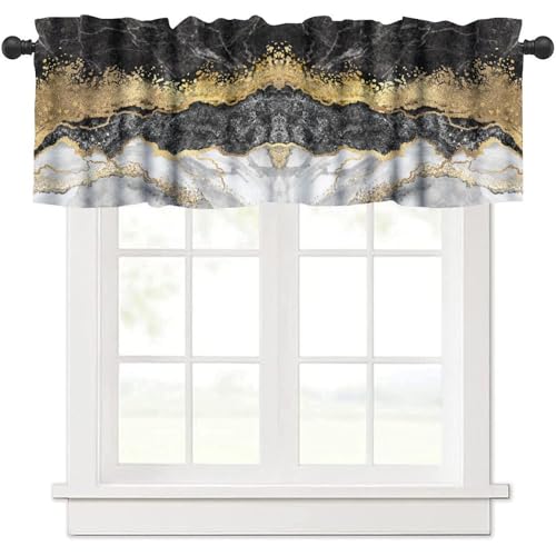 Black Gold Marble Valance Curtain, Abstract Luxury Black Grey White Crack Ink Marble Texture Print Blackout Short Window Treatment for Home Kitchen Bedroom Cafe, 54x18inch - color: Marble-2