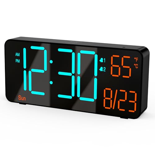 KOSUMOSU Digital Clock for Bedroom 6.7in Alarm Clocks for Living Room, Auto Dimming,Date,Week,Seconds,Indoor Temperature, Small Digital Alarm Clock for Classroom,LED Alarm Clocks for Bedrooms - color: Black (Blue + Orange Digits)