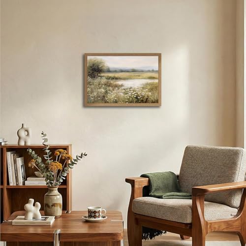 Framed Canvas Wall Art – Spring River Landscape with Wildflowers Painting, Vintage Decor, Farmhouse Wall Decor for Home, Office, Bedroom, Living Room Decor 16x24in