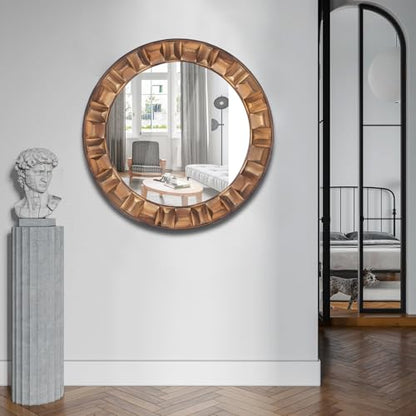 30 Inch Dark Brown Solid Wood Round Wall Mirror - color: A - Round - 30x30 in