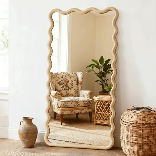 Full Length Mirror, 55”x28” Wavy Wood Floor Mirror for Wall - size: 55"L x 28"W