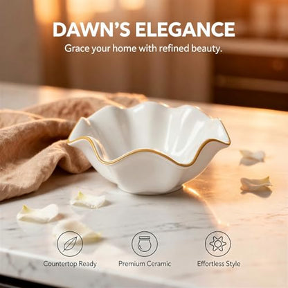 8 in White Ceramic Decorative Bowl, Ruffle Edge Serving Bowl with Golden Rim, 320 oz Shallow Fruit Container for Kitchen Counter, Dining Table Centerpiece, Entry Decor, Housewarming Present