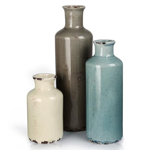 CUCUMI Ceramic Vases Set of 3, Rustic Vintage Vases Coastal Home Decor - color: 3pcs-a-morandi