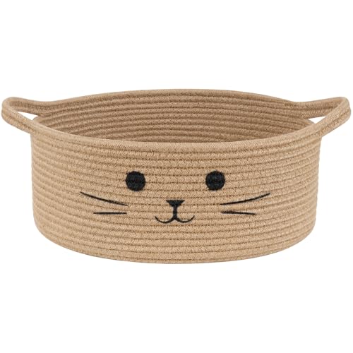 Medium Woven Rope Cat Toy Basket with Cat Face, Jute - color: Jute, size: 13.8"W x 6"H