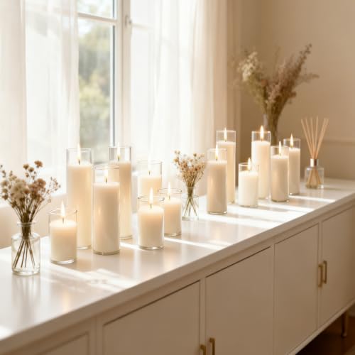 12 PCS Pillar White Candles in Glass,Hurricane Candles,Wedding Cylinder Candle,3 Different Lengths 2 x 3/6/8 Inch (4 Each),Creating an Atmosphere Suitable for Various Outdoor Activities. - size: 12