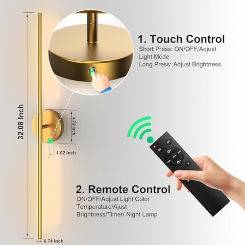 Tartek Battery Operated Wall Sconces Set of Two, Rechargeable Wall Lights with Remote Control, Dimmable 3000K-6000K LED Wall Lamp, 360°Rotate, Long Wireless Sconces for Living Room, Bedroom - color: Gold