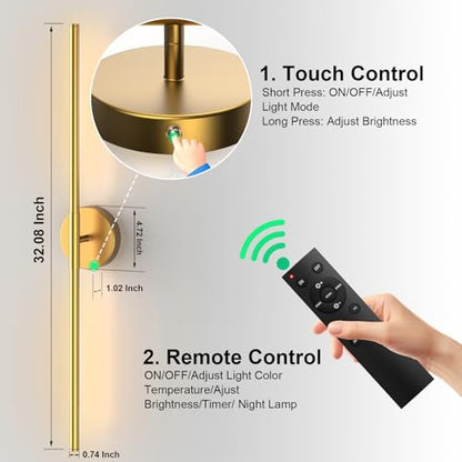 Tartek Battery Operated Wall Sconces Set of Two, Rechargeable Wall Lights with Remote Control, Dimmable 3000K-6000K LED Wall Lamp, 360°Rotate, Long Wireless Sconces for Living Room, Bedroom - color: Gold