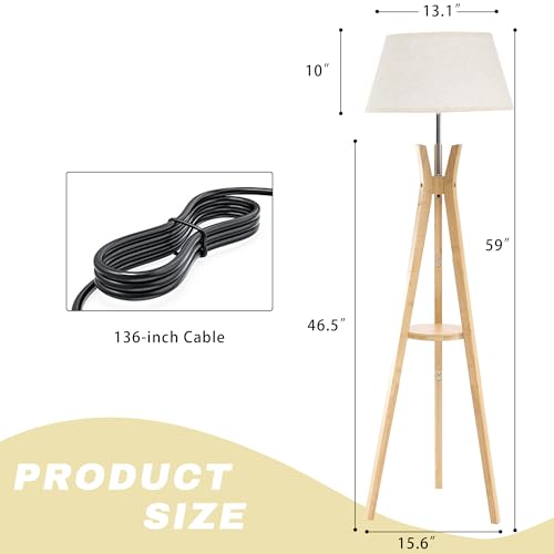 Tripod Floor Lamp with Shelf, 59'' Standing Lamps for Living Room - color: Natural
