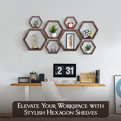Hexagon Floating Shelves Set of 8 Honeycomb Shelves for Wall, Wooden Hexagon Shelves for Farmhouse Storage - color: Rustic Brown