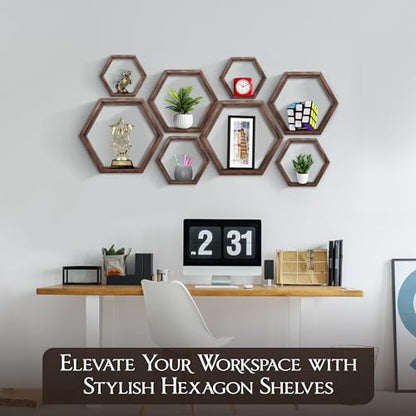 Hexagon Floating Shelves Set of 8 Honeycomb Shelves for Wall, Wooden Hexagon Shelves for Farmhouse Storage - color: Rustic Brown