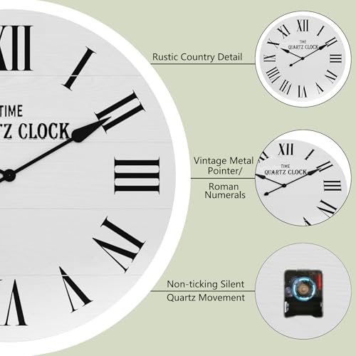 ARTPOWER 35.5" Extra Large Farmhouse Wall Clock,Solid Wood Veneer,White - color: White, size: 35.5"W x 35.5"H