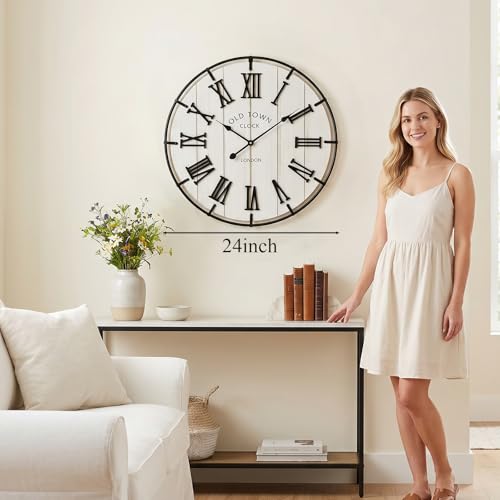 EMAX HOMELarge 24 Inch Farmhouse Style Wall Clock, Distressed Wood Look, Non-Ticking Quartz Movement, Classic Black Roman Numerals and Metal Frame, for Living Room Wall, Bedroom - color: White, size: 24 Inch Roman numerals