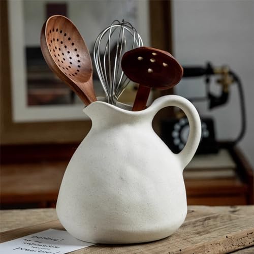 Rustic Ceramic Pitcher Vase with Handle, Antique Farmhouse Matte Textured Plain Neutral Unfinished Rough Clay Jug Pottery Vases for Home Decor… - size: 6.3''A