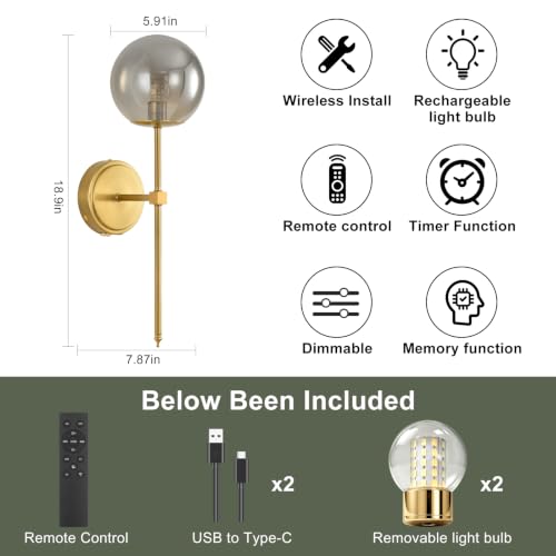 Globe Battery Operated Sconce Set of 2 with Clear Glass Lampshade - color: Gold-Smoky Gray