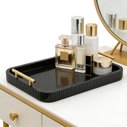 Rectangle Modern Wood Serving Tray with Metal Handles, High Gloss Black Finish, 16x12 Inch Coffee Table Ottoman Tray for Storage and Display (Black) - color: Black