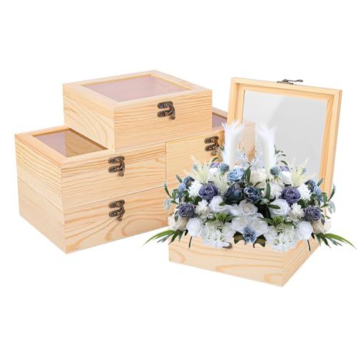 6 Pack Wood Box with Glass Lid, 7.09 x 7.09 x 2.76 inch Wooden Display Box with Hinged Lid for DIY Craft, Collectibles - size: 6 Pack 7.09 x 7.09 x 2.76 inch