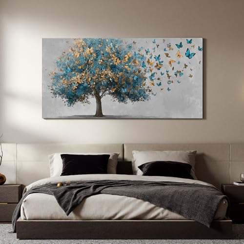 YISXINOAG Blue Gold Tree of Life Wall Art Butterfly Landscape Print 24"X48" - color: grey green, size: 48"L x 24"W