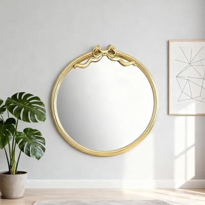 15.75" Gold Bow Decorative Round Mirror, Metal Frame Hanging Circle Mirror, Wall Mounted for Entryway, Bathroom, Vanity, Living Room