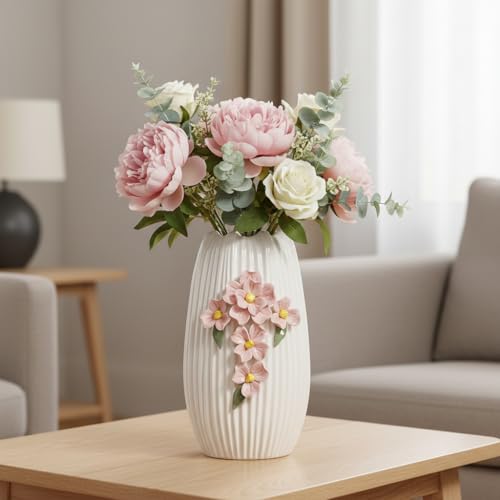 Ceramic Flower Vase,White Modern Vase for Pampas Grass, 9 Inch - color: White and Pink, size: 9 inch