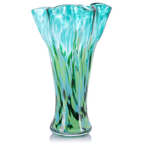LCCCK 9.0" H Teal Green Glass Vases for Flower,Unique Hand Blown Glass Vase - color: Teal Green