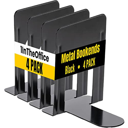 1InTheOffice Black Metal Bookends, 4/Pack - 8 1/4" x 5 7/8" x 9" Heavy Duty