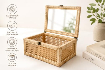 Large Set of 2 BOHO Decorative Rattan Box with a lockable Glass Top Scent Free