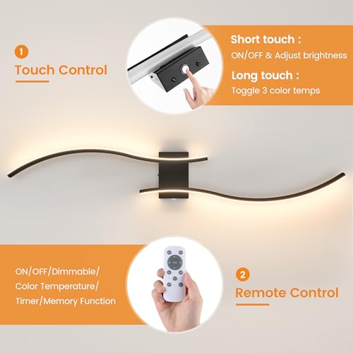VOLISUN Battery Operated Wall Sconces Set of Two, 39.4 inch Wireless Wall Sconces, 3000K-6500K Dimmable Wall Lamps with Remote, Rechargeable Black Wall Lights for Living Room, Hallway, Bedroom - color: Black, size: 39.4 INCH