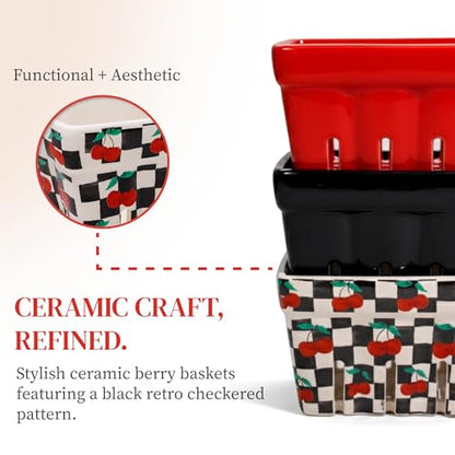 BIEN BEAU Ceramic Berry Baskets Set of 4, Checkered Berry Colander - color: Black