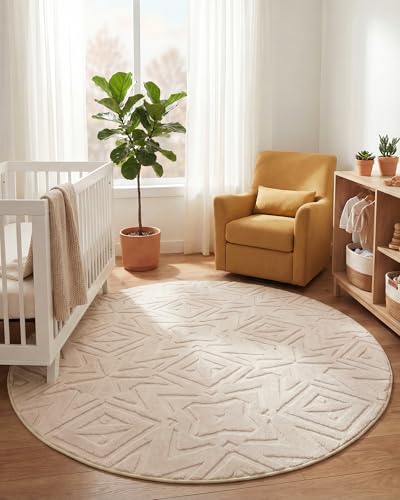 Carvapet 5.2ft Round Geometric Rug Beige Washable High Low Pile Carpet - color: Geometric Beige, size: 5.2' Round