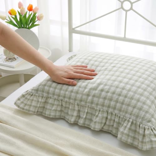 Mywinlle Gingham Ruffle Throw Pillow Shams, Muted Sage Green, 18"x18" - color: Muted Sage Green Gingham, size: 18" x 18" (Pack of 2)