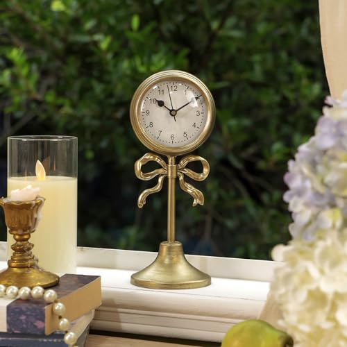 NIKKY HOME Small Gold Bow Table Clock, Silent Elegant Mantel Decor