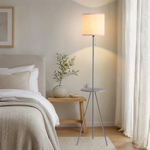 Floor Lamp with Side Table, Linen Shade, Standing Lamp for Living Room - color: Dark Grey