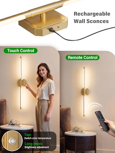 Battery Operated Wall Sconces Set of Two, Wireless Wall Lights Touch & Remote Control Rechargeable LED Wall Lamp 2700K-6000K Dimmable Lights for Living Room Bedroom Bathroom Hallway( 29 ", Gold) - color: Gold