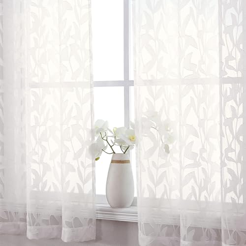 OWENIE Leyna Ivory Sheer Curtain 54 Inch Length 2 Panels Set, Soft Airy Clip Jacquard Light Filtering Curtains for Bedroom Living Room, Elegant Leaf Textured Window Drapes, 40Wx54L Inches - color: Ivory, size: 40"W x 54"L (Pack of 2)