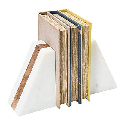 Main + Mesa Marble Geometric Bookends with Wood Inlay, White - size: 4" wide x 6" tall x 3" deep