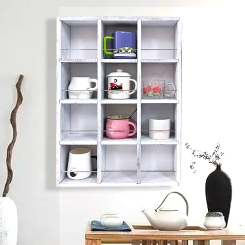 12 Grid coffee mug display shelf,17x25" Wooden cup shelf for wall, White - color: Old White