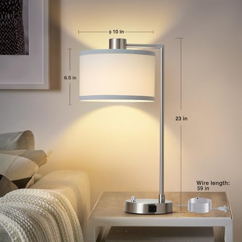 Silver Table Lamp Set of 2, Dimmable Bedside Lamps for Night Stand, USB A+C - color: Silver