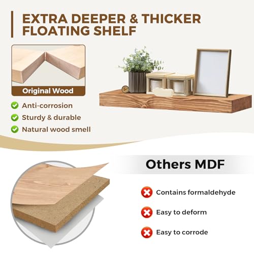Solid Wood Floating Shelves, 24 Inch Wall Shelves, Set of 2, Oak - color: Oak, size: 24x8x1.6